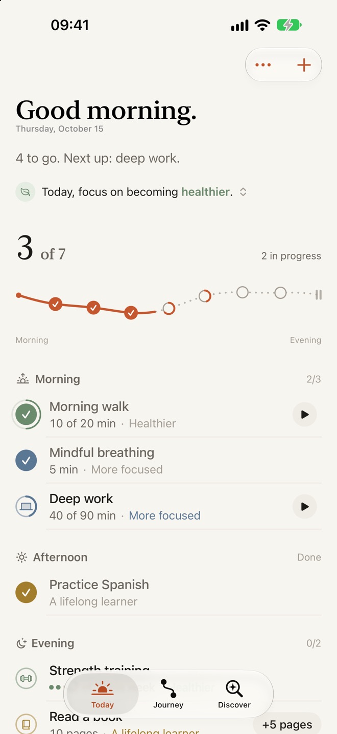 Parkur's Today screen: “Good morning.”, 3 of 7 steps on the day's course, and habits grouped by morning, afternoon and evening.